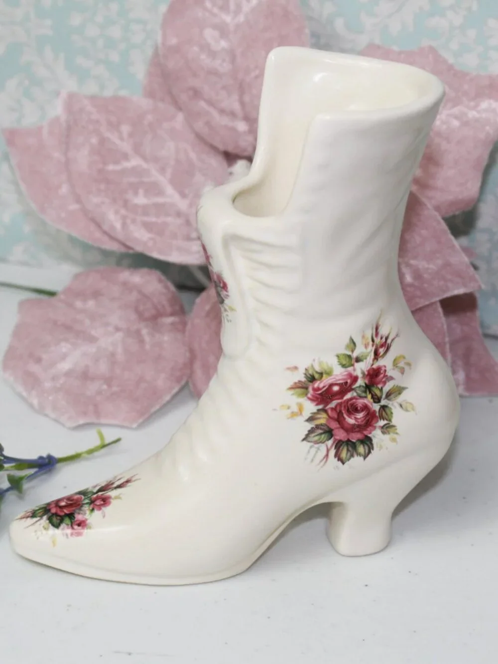Vintage Ceramic Boot Vase Floral Roses Victorian Style Ladies Boot Cottagecore